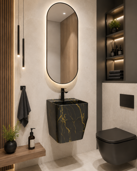 Lavoar suspendat, ceramică sanitară, finisaj negru/auriu 42 x 39 x 45 cm - P133CW68 [2]
