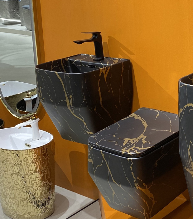 Lavoar suspendat, ceramică sanitară, finisaj negru/auriu 42 x 39 x 45 cm - P133CW68 [3]