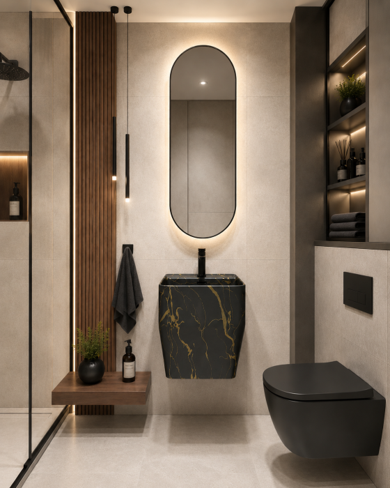 Lavoar suspendat, ceramică sanitară, finisaj negru/auriu 42 x 39 x 45 cm - P133CW68 [3]