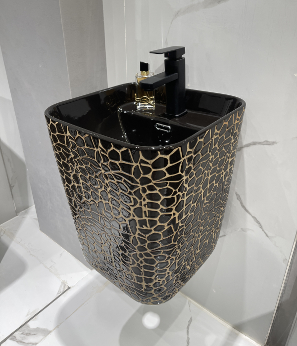 Lavoar suspendat, ceramică sanitară, finisaj negru glazurat/auriu – 40 × 38 × 48 cm - P131CR1 [3]