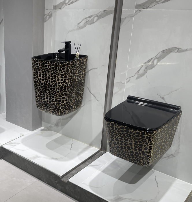 Lavoar suspendat, ceramică sanitară, finisaj negru glazurat/auriu – 40 × 38 × 48 cm - P131CR1 [2]