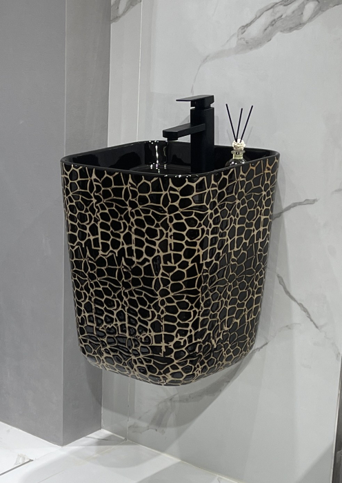 Lavoar suspendat, ceramică sanitară, finisaj negru glazurat/auriu – 40 × 38 × 48 cm - P131CR1 [1]