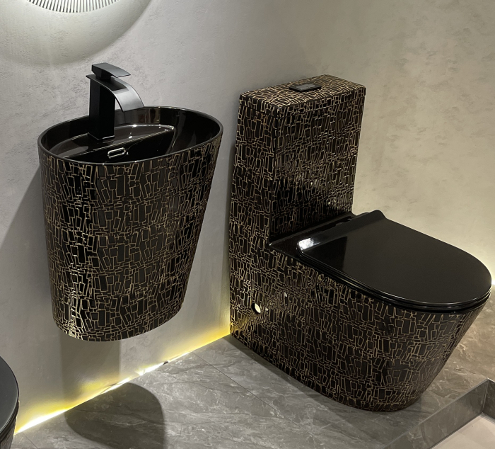 Lavoar suspendat, ceramica sanitara, finisaj negru glazurat/auriu 45 x 35 x 50 cm P123CR2 [3]