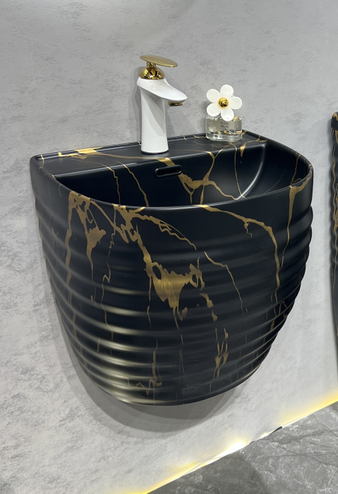 Lavoar suspendat, negru/auriu, ceramica sanitara, 42 x 40 x 42 cm P127CW62 [3]