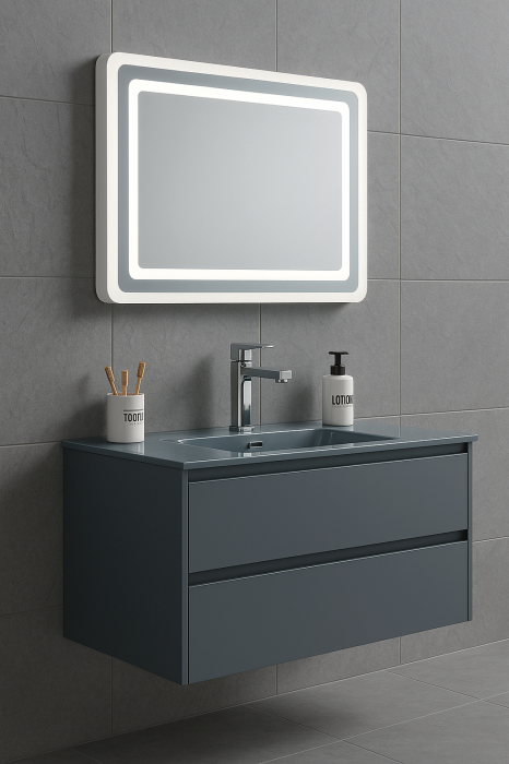 Set Mobilier Baie 80 cm – Design Modern cu Lavoar din Sticlă și Mobilier din PVC GGS24 [2]