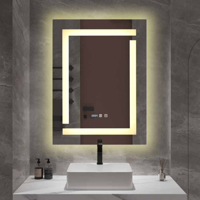 Oglindă baie cu LED și funcție dezaburire 60×80 cm – Touch, 3 culori, ceas digital - 1085 [3]