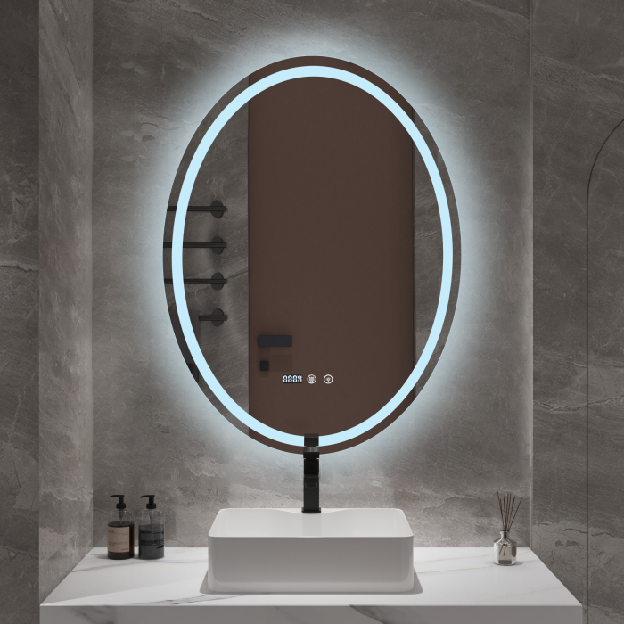 Oglindă baie ovală cu LED și funcție dezaburire 60×80 cm - Touch, 3 culori, ceas digital - 66 [2]