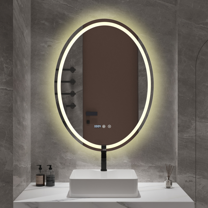 Oglindă baie ovală cu LED și funcție dezaburire 60×80 cm - Touch, 3 culori, ceas digital - 66 [3]