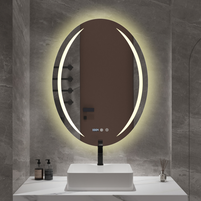 Oglindă LED ovală cu funcție de dezaburire 60×80 cm – Touch, 3 culori, ceas digital - 1153 [2]