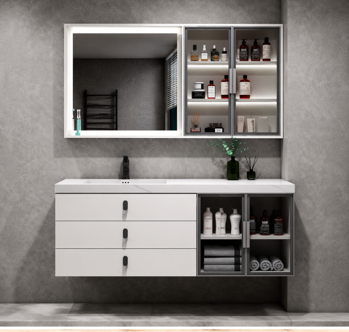 Set mobilier baie 100cm alb mat din PVC cu lavoar și oglindă LED cu dulap - 2970 [2]