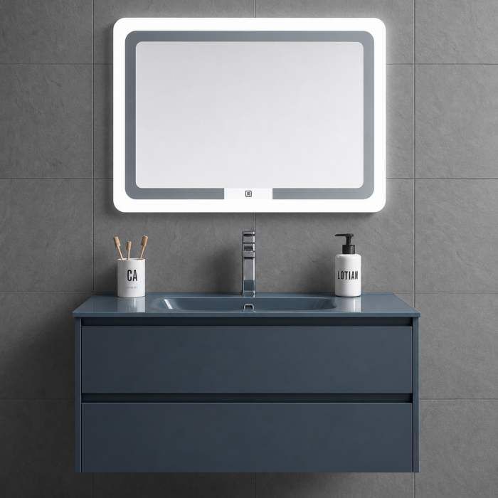 Set Mobilier Baie 80 cm Antracit – cu lavoar din sticla si Oglinda LED GGS24 [2]