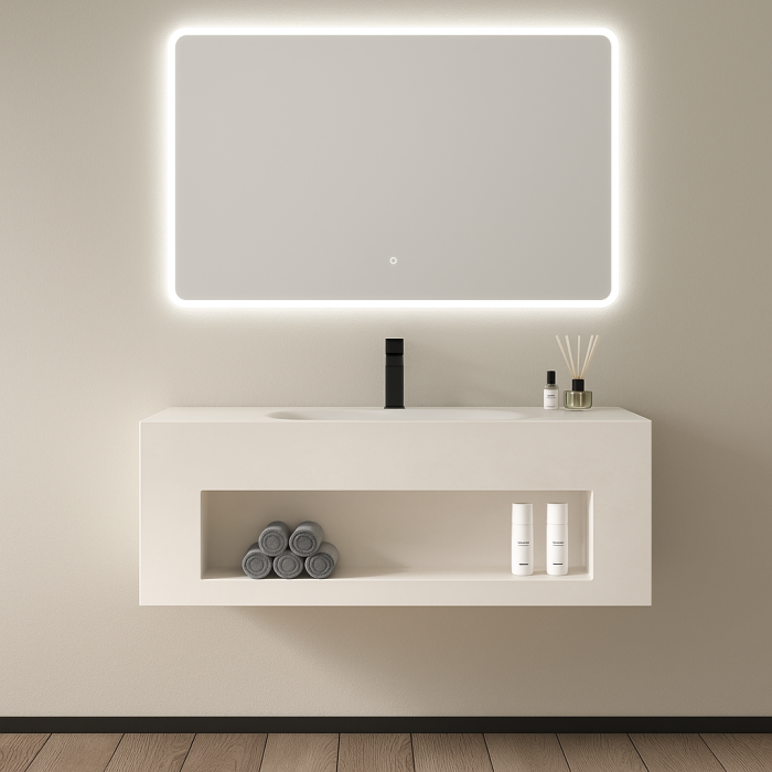 Set Mobilier Baie Suspendat 80 cm din Piatră Compozită cu Oglindă LED - RWG8050-PW [2]