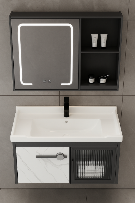 Set Mobilier Aluminiu 80CM cu lavoar si oglinda LED GGS47 [3]
