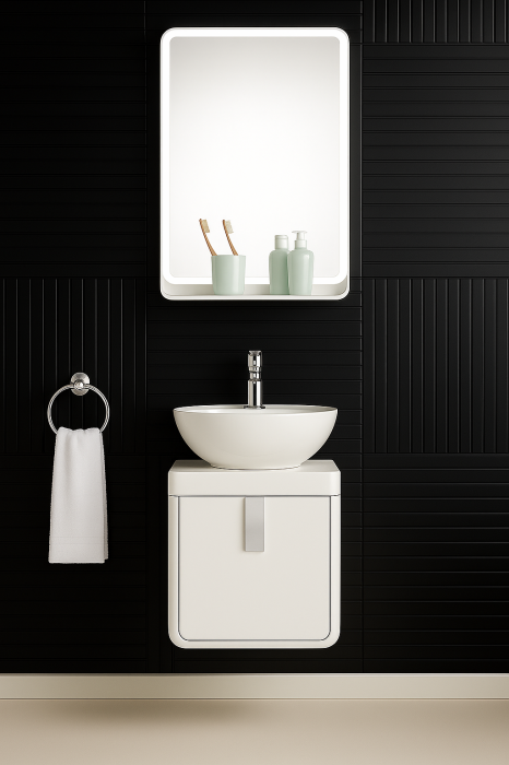 Set Mobilier Baie Compact 45x53 Alb mat – Lavoar Ceramic & Oglindă cu Raft 2969 [1]