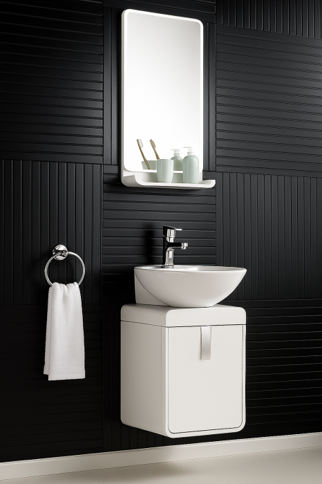 Set Mobilier Baie Compact 45x53 Alb mat – Lavoar Ceramic & Oglindă cu Raft 2969 [2]