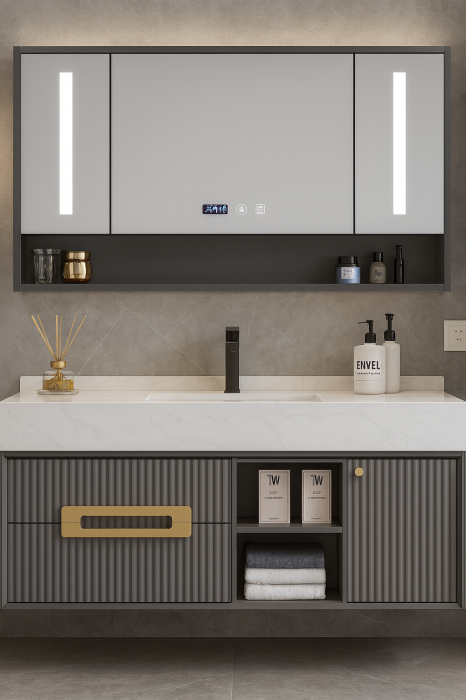 Set mobilier baie suspendat gri mat din PVC 120 cm cu lavoar și oglindă LED cu dulăpior - 2868 [1]