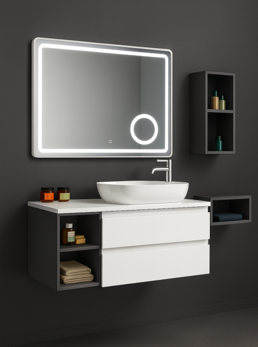 Set Mobilier Baie Suspendat 80 cm din PVC cu Lavoar Ceramic, Oglindă LED și Corp Suspendat - 2766 [1]