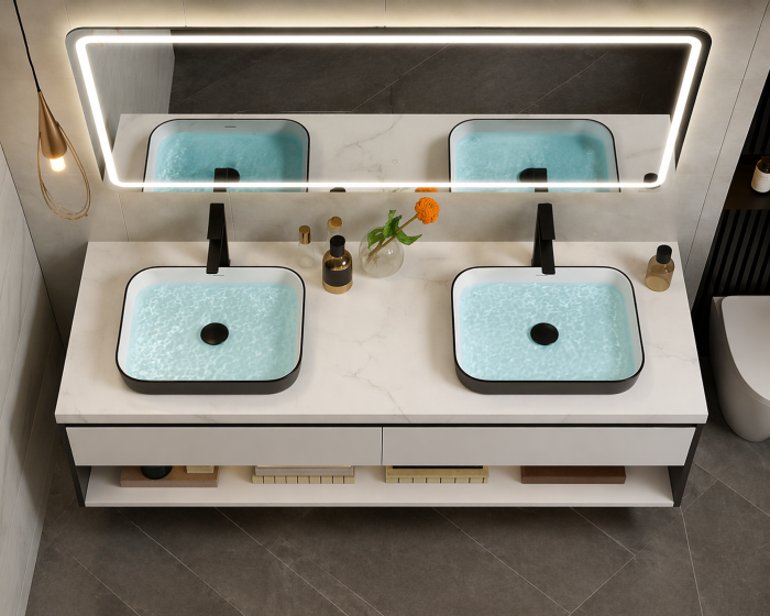 Set Mobilier Baie Dublu 150 cm cu 2 Lavoare și Oglindă LED - 2428 [3]