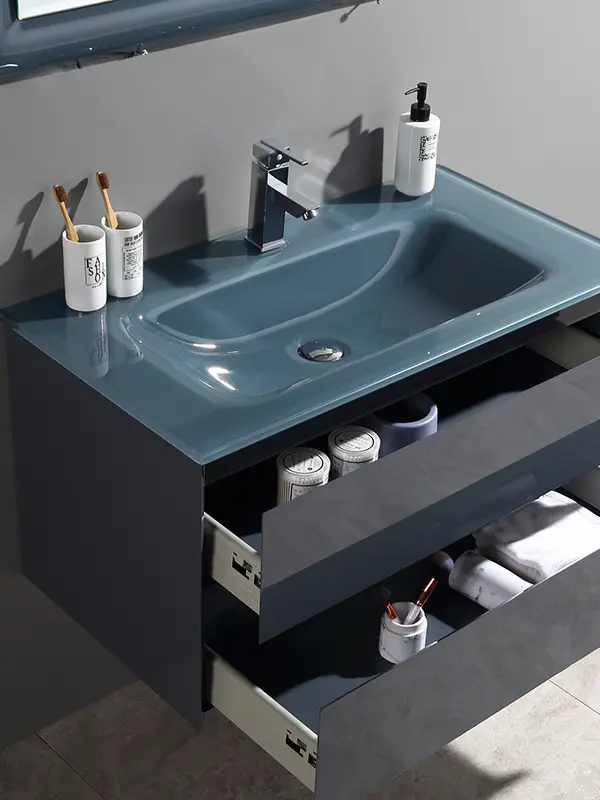 Set Mobilier Baie 80 cm – Design Modern cu Lavoar din Sticlă și Mobilier din PVC GGS24 [4]