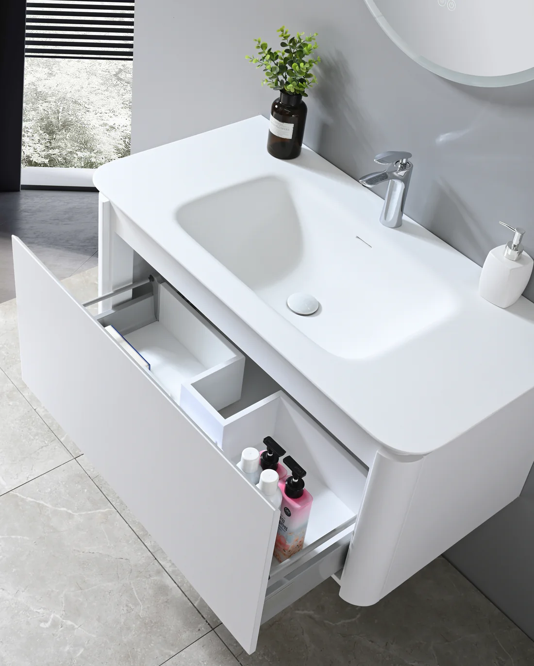 Set Mobilier Baie Suspendat Alb Mat cu Lavoar Ceramic și Oglindă Rotundă LED GGS34 [4]