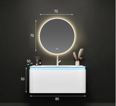 Set Mobilier Baie Suspendat Alb Mat cu Lavoar Ceramic și Oglindă Rotundă LED GGS34 [6]