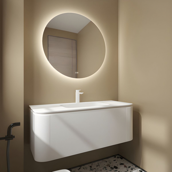 Set Mobilier Baie Suspendat Alb Mat cu Lavoar Ceramic și Oglindă Rotundă LED GGS34 [2]