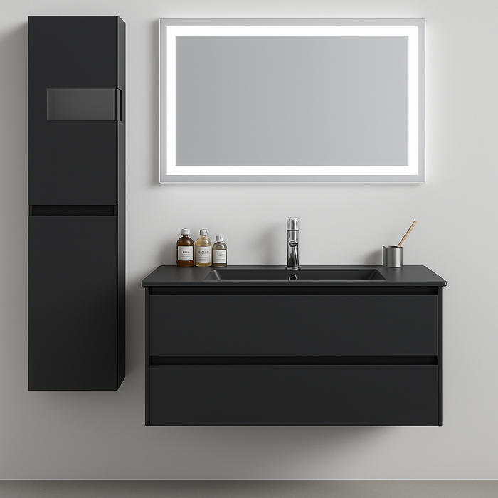 Set Mobilier Baie Negru Mat – 80 cm, cu Coloană, Lavoar Ceramic și Oglindă LED 2191 [1]
