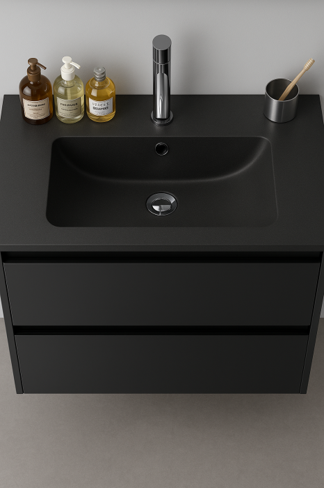Set Mobilier Baie Negru Mat – 80 cm, cu Coloană, Lavoar Ceramic și Oglindă LED 2191 [3]