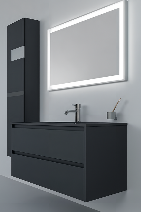 Set Mobilier Baie Negru Mat – 80 cm, cu Coloană, Lavoar Ceramic și Oglindă LED 2191 [2]