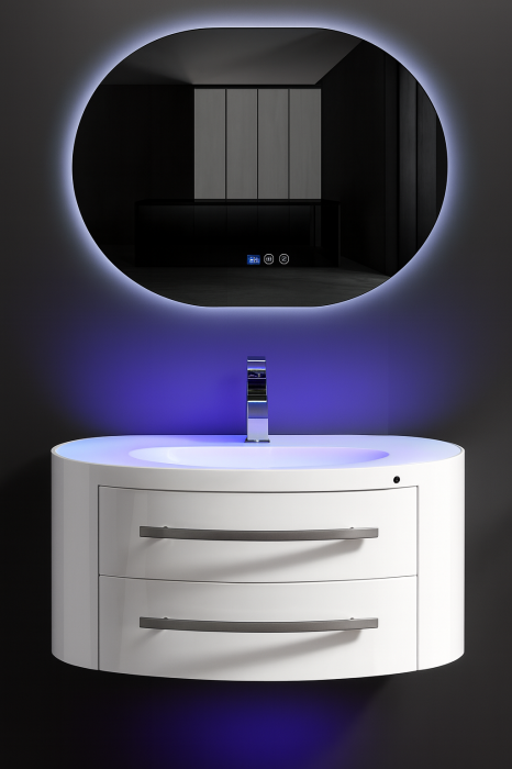 Set mobilier baie suspendat alb lucios din PVC 80 cm cu lavoar ceramic și oglindă LED - 2706 [1]