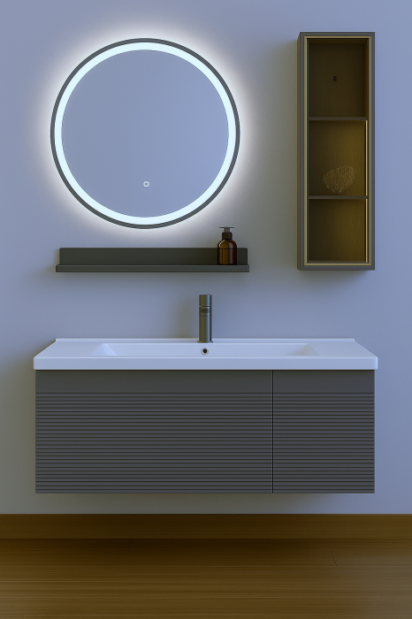 Set Mobilier Baie Gri mat 80 cm cu Oglindă LED și Dulap Iluminat 2818 [1]