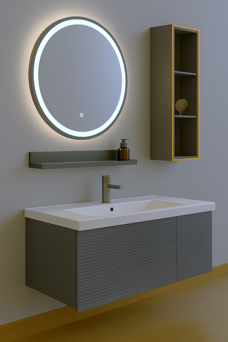 Set Mobilier Baie Gri mat 80 cm cu Oglindă LED și Dulap Iluminat 2818 [2]
