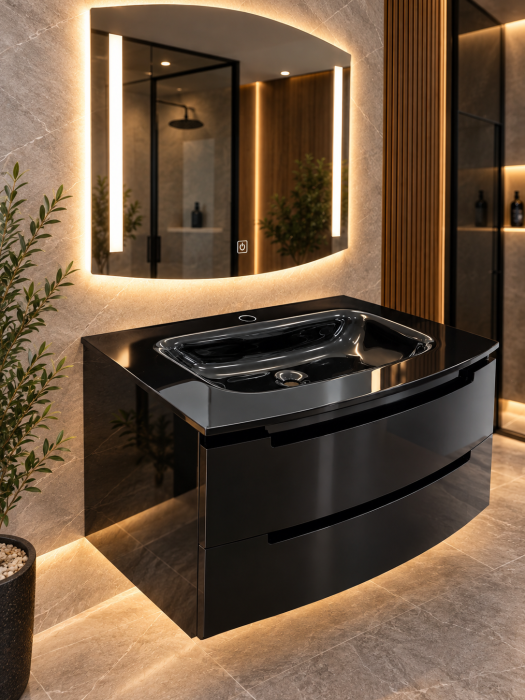 Set Mobilier Baie Negru lucios 80 cm – Corp PVC, Lavoar Sticlă și Oglindă LED 2247 [2]