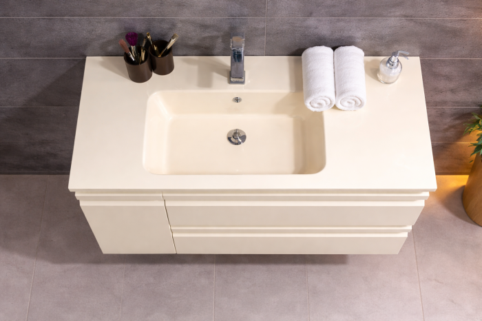 Set Mobilier Baie Suspendat 100 cm Crem din PVC cu Lavoar din Sticlă și Oglindă LED - 2837 [3]