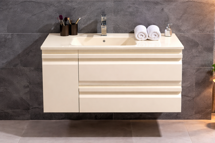 Set Mobilier Baie Suspendat 100 cm Crem din PVC cu Lavoar din Sticlă și Oglindă LED - 2837 [2]