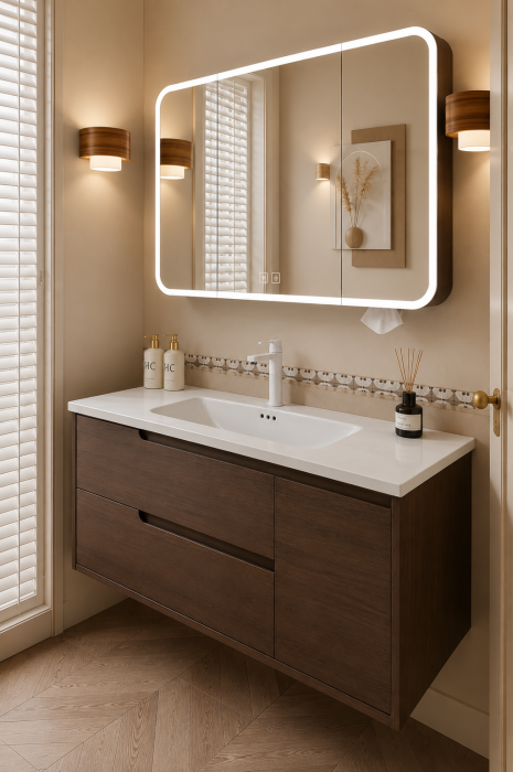 Set mobilier baie suspendat 100 cm cu lavoar ceramic și oglindă LED cu funcție de dezaburire și dulap – Nuc Închis - GGS113 [3]