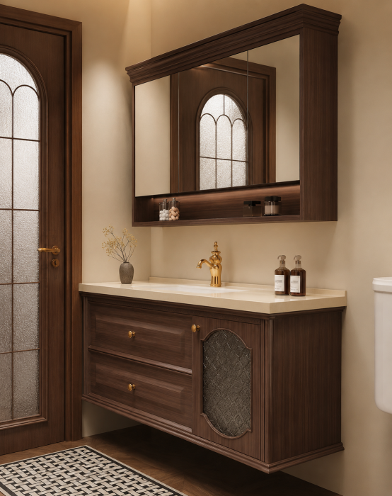 Set mobilier baie suspendat 100 cm cu lavoar din piatră compozită și oglindă LED cu funcție de dezaburire și dulap – Plywood Premium, finisaj Nuc Clasic – GGS128 [4]