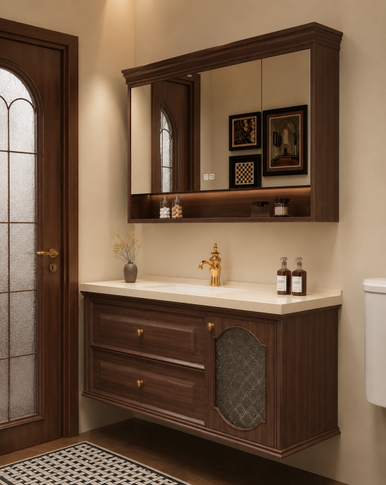 Set mobilier baie suspendat 100 cm cu lavoar din piatră compozită și oglindă LED cu funcție de dezaburire și dulap – Plywood Premium, finisaj Nuc Clasic – GGS128 [2]