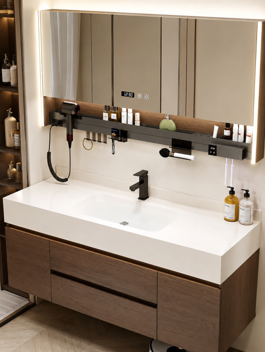 Set mobilier baie suspendat 100 cm cu lavoar și oglindă LED cu dulap – Nuc Închis - GGS193 [2]