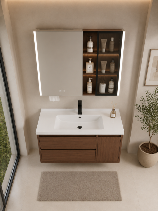 Set mobilier baie suspendat 100 cm cu lavoar și oglindă LED cu dulap – Nuc Închis - GGS195 [4]