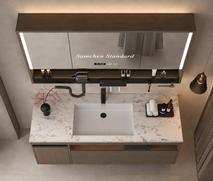 Set mobilier baie suspendat 100 cm cu lavoar și oglindă LED inteligentă cu dezaburire, ceas digital și dulap – GGS116 [4]