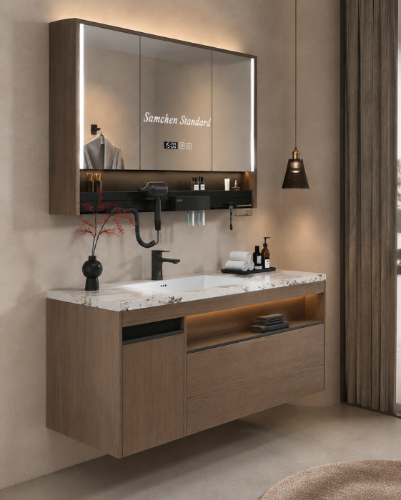 Set mobilier baie suspendat 100 cm cu lavoar și oglindă LED inteligentă cu dezaburire, ceas digital și dulap – GGS116 [3]