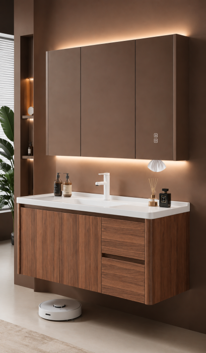 Set mobilier baie suspendat 100 cm cu lavoar și oglindă LED inteligentă cu dezaburire și dulap – GGS123 [2]