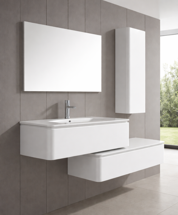 Set Mobilier Baie Suspendat 100 cm din PVC cu Lavoar din Sticlă, Oglindă LED și Corp Suspendat - 2761 [2]