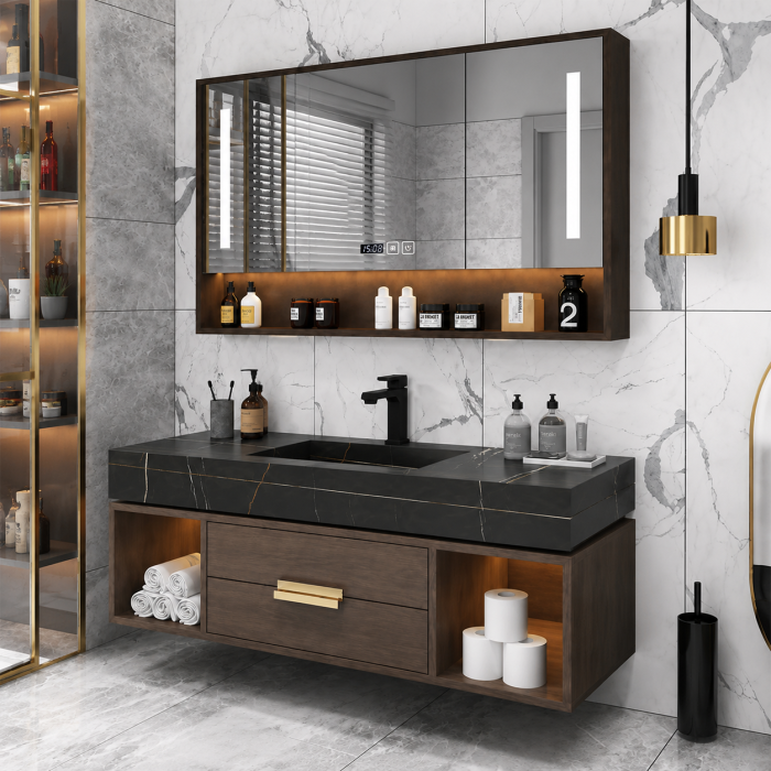 Set mobilier baie suspendat  100 cm lavoar și oglindă LED cu dulăpior - 2499 [3]