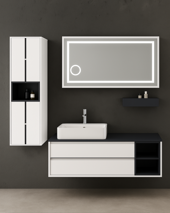 Set Mobilier Baie Suspendat  100CM –  Dulap lateral, Raft decorativ, Lavoar Ceramic și Oglindă LED 2826 [1]