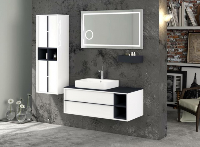Set Mobilier Baie Suspendat  100CM –  Dulap lateral, Raft decorativ, Lavoar Ceramic și Oglindă LED 2826 [3]