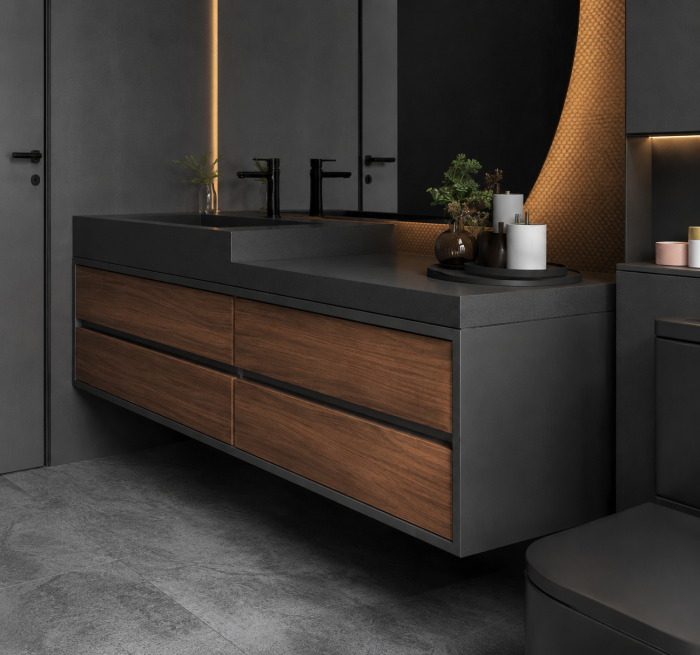 Set mobilier baie suspendat 120 cm cu lavoar din piatră compozită și oglindă LED semirotundă – Plywood, Nuc Închis - 2864 [2]