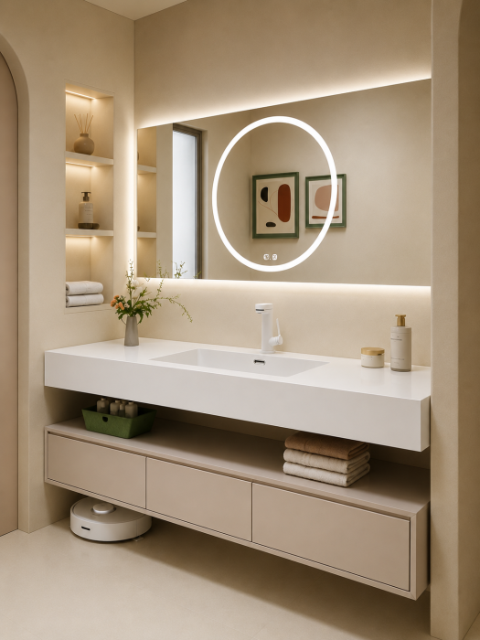Set mobilier baie suspendat 120 cm cu lavoar  și oglindă LED cu funcție de dezaburire - GGS134 [2]