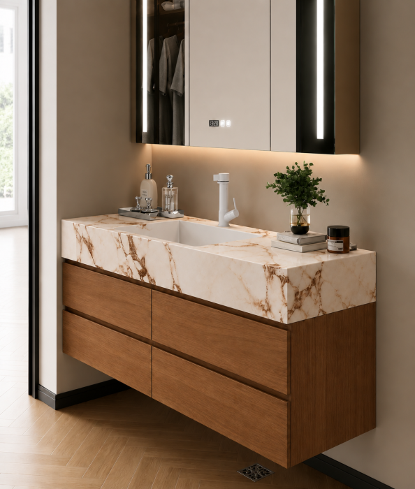Set mobilier baie suspendat 120 cm cu lavoar și oglindă LED inteligentă cu dezaburire, ceas digital și dulap – GGS117 [3]